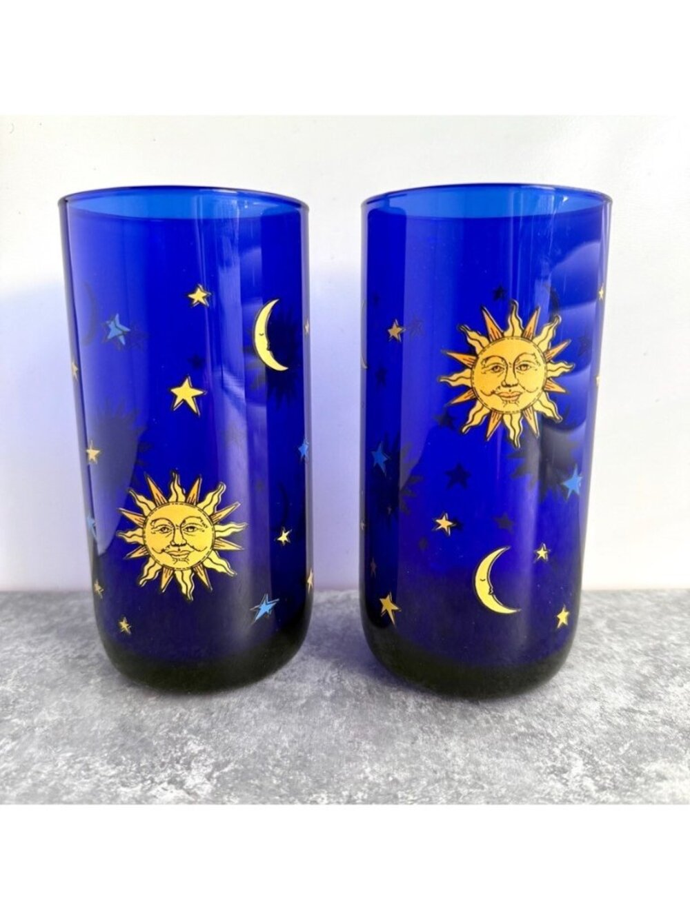 VTG Libbey Celestial Cobalt Blue Sun Moon Stars Tumbler Glasses 16oz Set Of 2
